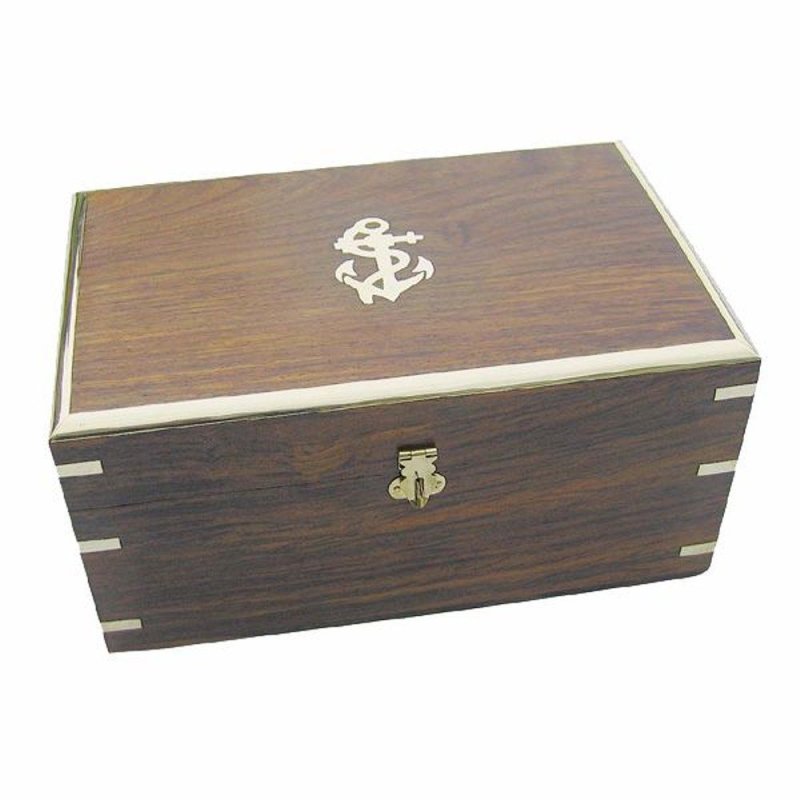Holzbox, Matrosenkiste, Truhe im Maritim Stil mit Messing Intasien 26 cm
