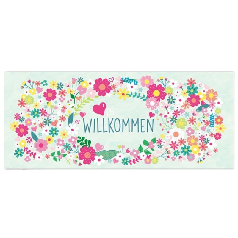 Blechschild, Schild Willkommen, Wandschild mit bunten Blumen 13x31 cm