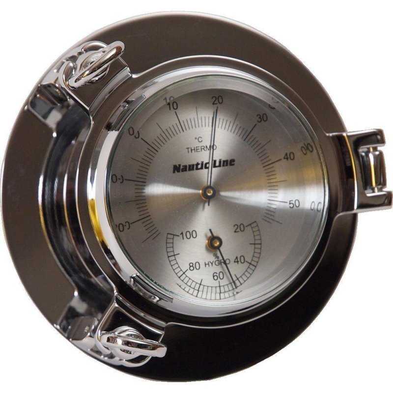 Bullaugen Comfortmeter, Hygro-/Thermometer, Messing verchromt 14 cm