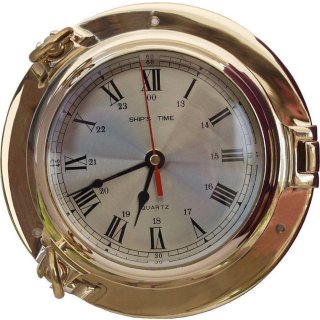 Schiffsuhr, Große Maritime Bullaugen Uhr, Wanduhr Messing poliert Ø 22 cm.