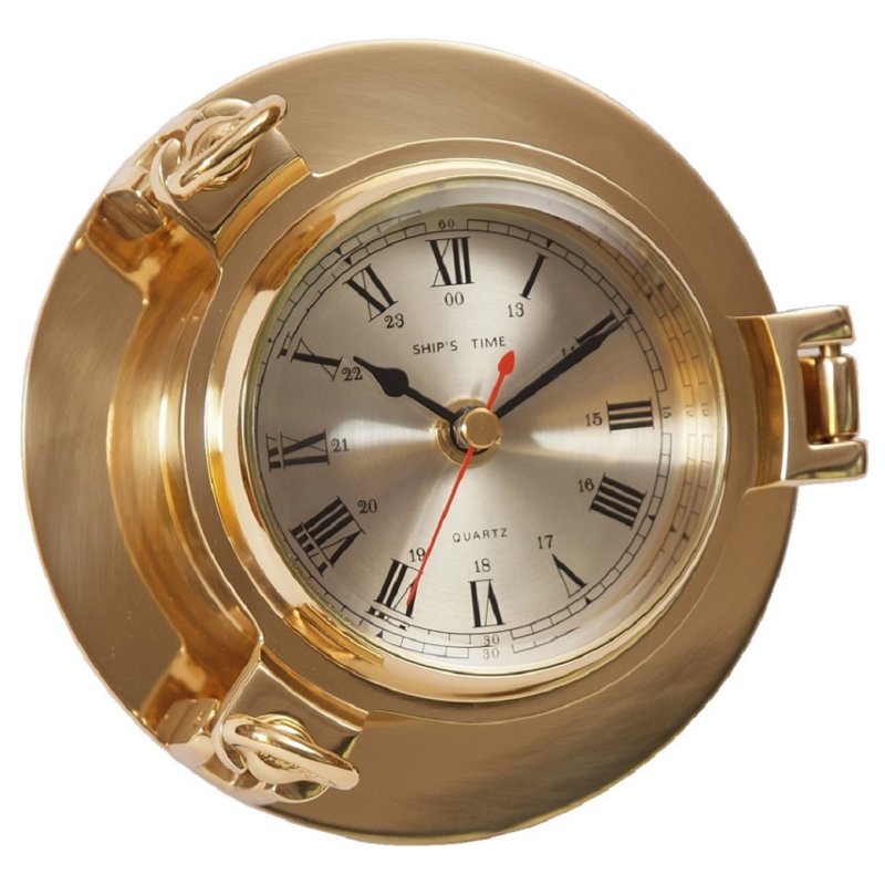 Wanduhr im Bullauge, Maritime Instrumenten Uhr, Messing poliert Ø 14 cm