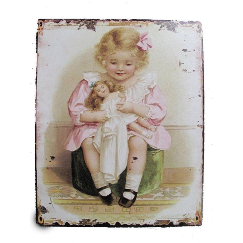 Blechschild, Reklameschild Mädchen mit Puppe, Kinderzimmer Wandschild 25x20 cm