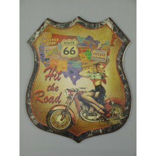 Blechschild, Reklameschild US Route 66 Pin Up Girl, Motorrad Wandschild 50x40 cm