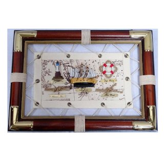 Knotentafel auf hellem Segeltuch, Segelschiff, Leuchturm & Seemannsknoten