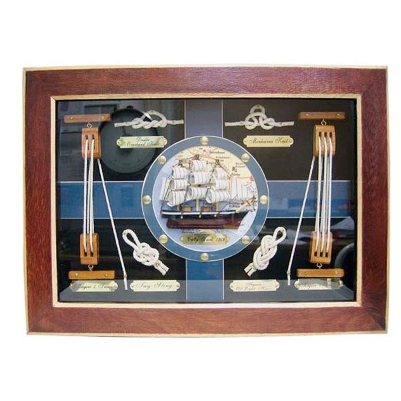 Knotentafel hinter Glas, Knotenbild im Rahmen Segelschiff Blockrollen und Knoten