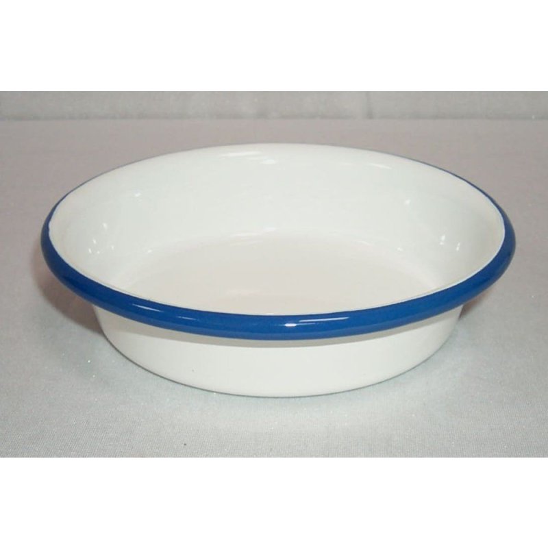 Emaille Platte, Gastro Schale, Anbietschale, Teller, Weiß- blauer Rand 18 cm