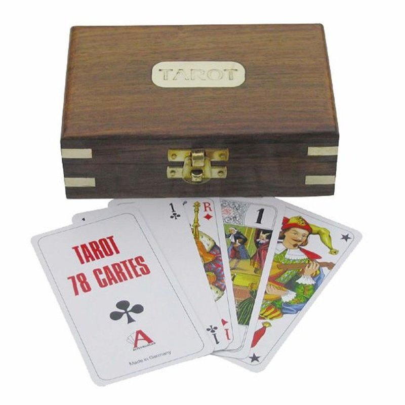 Tarot Kartenspiel in edler Sheesham Holzbox und Messingintarsien