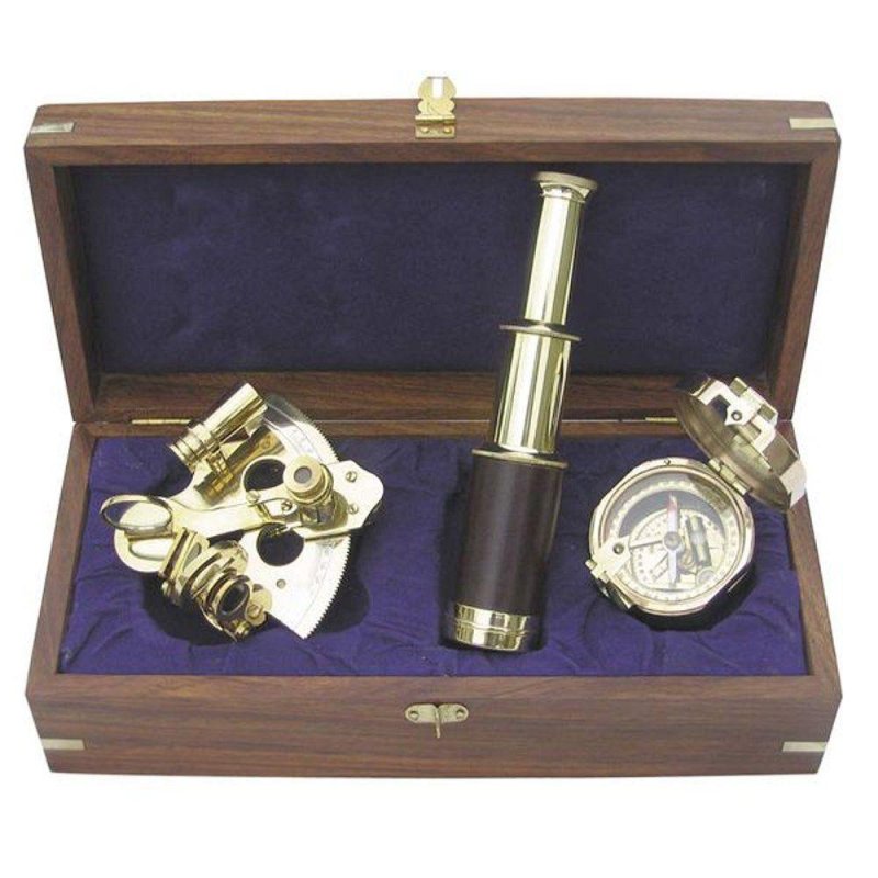 Nautik Set, Teleskop Fernrohr, Kompass und Sextant in einer Edelholzbox