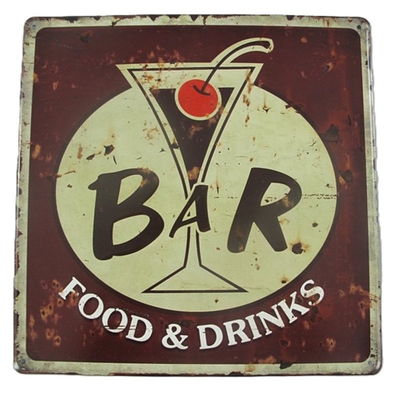 Blechschild, Reklameschild Bar Food & Drinks, Kneipen Wandschild 30x30 cm