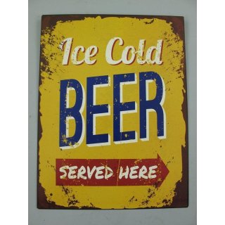 Blechschild, Reklameschild Ice Cold Beer served Here Kneipen Wandschild 33x25 cm