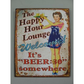 Blechschild, Reklameschild, Happy Hour Lounge, Kneipen Wandschild 25x20 cm
