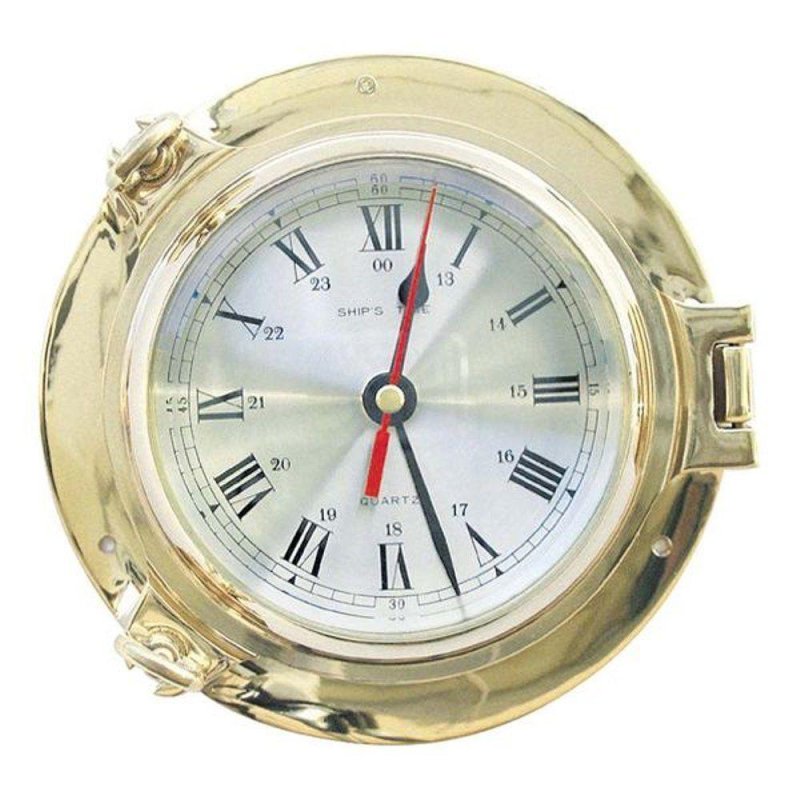 Marine-Uhr, Bullaugen Uhr Messing poliert Quartz zentrale Sekunde Ø 18 cm