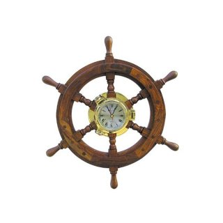 Marine Wanduhr, Bullaugen Uhr im Steuerrad aus Messing und Holz 45 cm