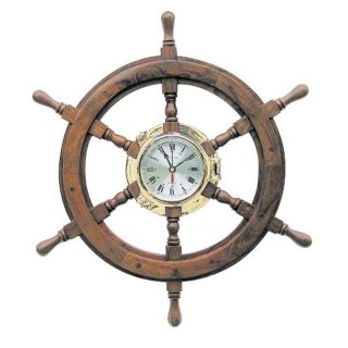 Marine Wanduhr, Bullaugen Uhr im Steuerrad aus Messing und Holz 60 cm