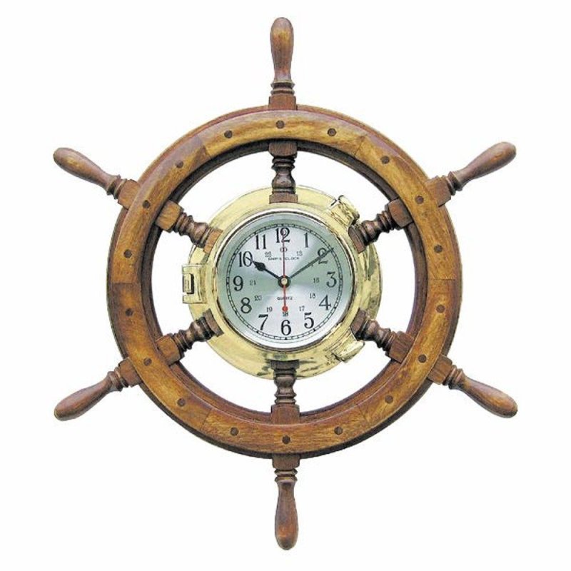 Marine Wanduhr, Große Bullaugen Uhr im Steuerrad aus Messing und Holz 60 cm
